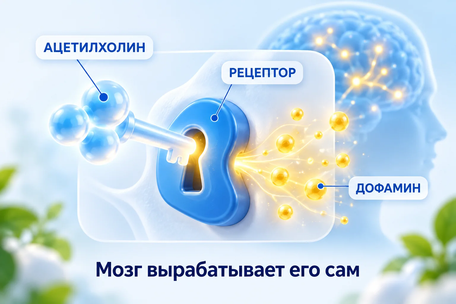 Схема: ацетилхолин открывает рецептор нейрона и выделяется дофамин
