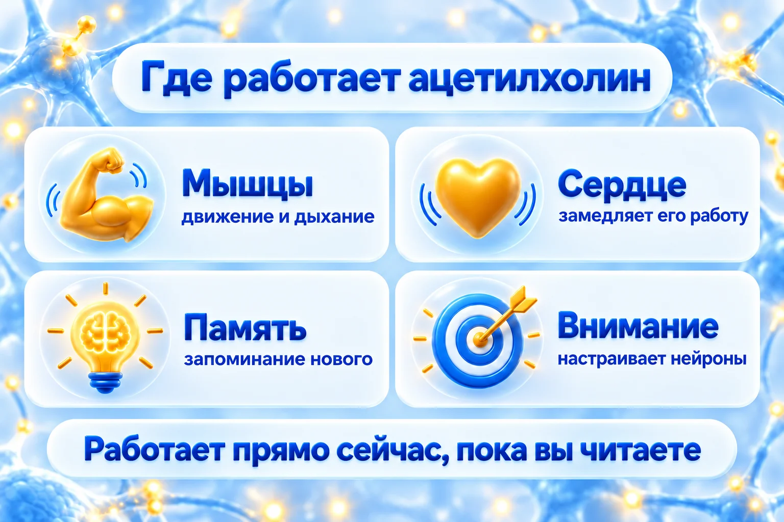 Где работает ацетилхолин: мышцы, сердце, память и внимание
