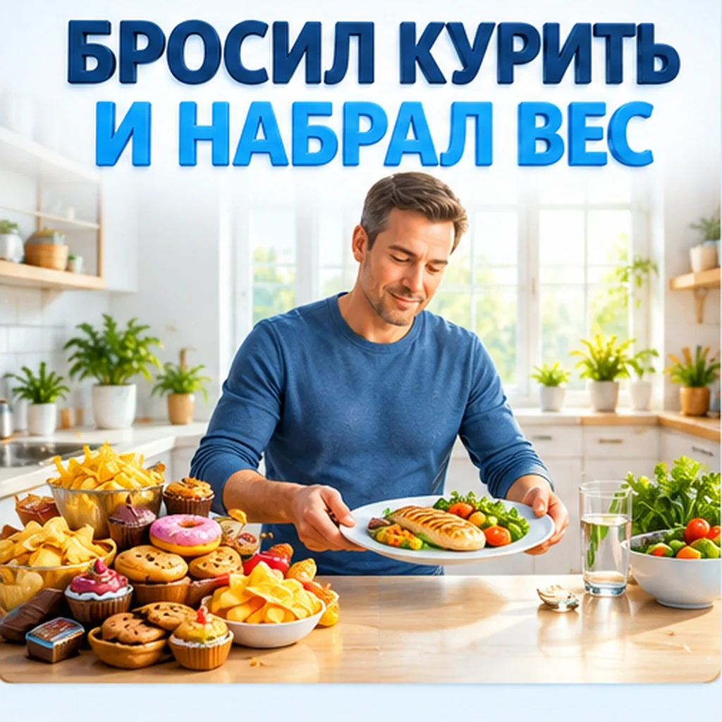 Бросил курить и набрал вес: человек у кухонного стола выбирает между снеками и обычной едой