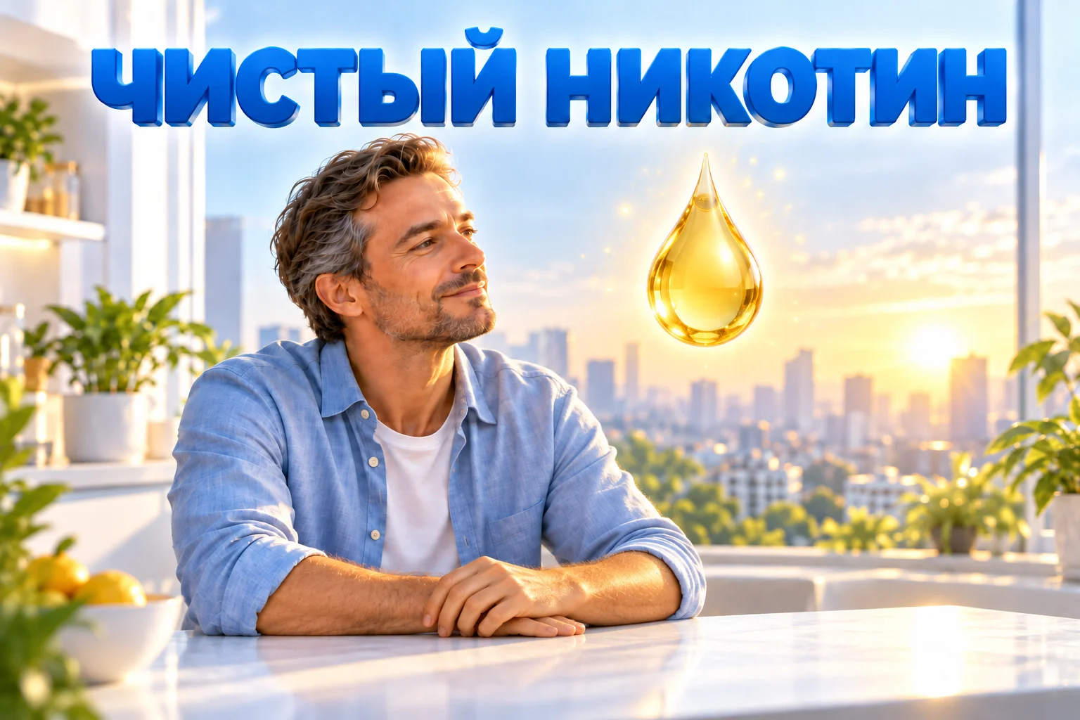 Чистый никотин: мужчина с интересом рассматривает светящуюся каплю маслянистой жидкости