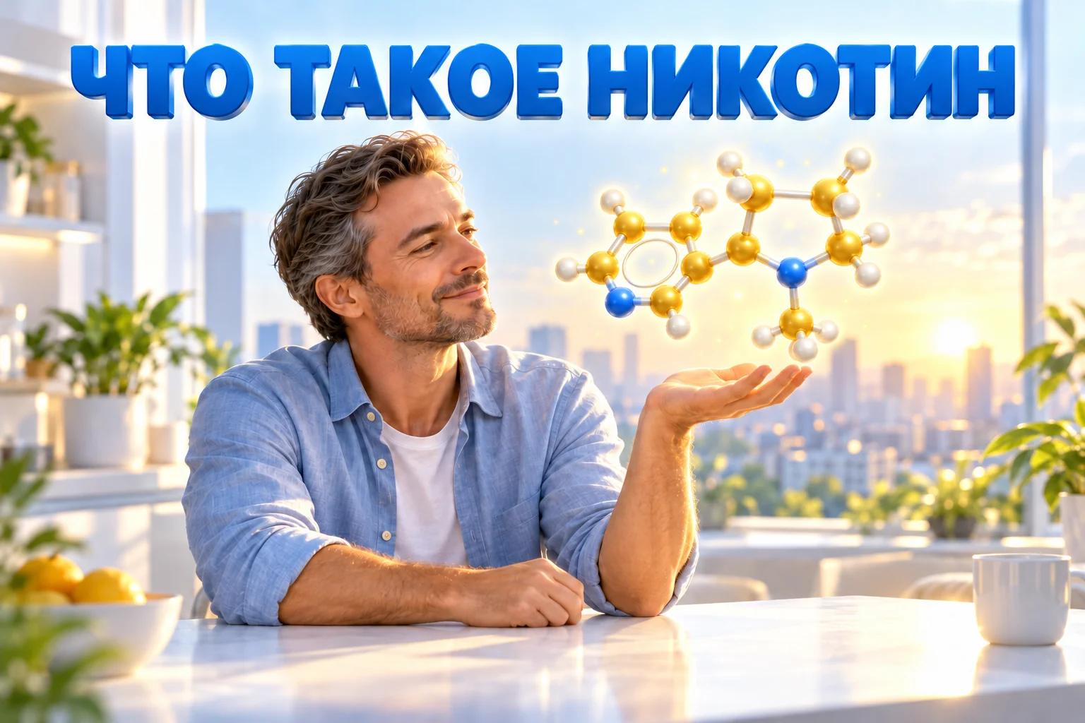 Что такое никотин: мужчина с интересом рассматривает светящуюся модель молекулы на утренней кухне