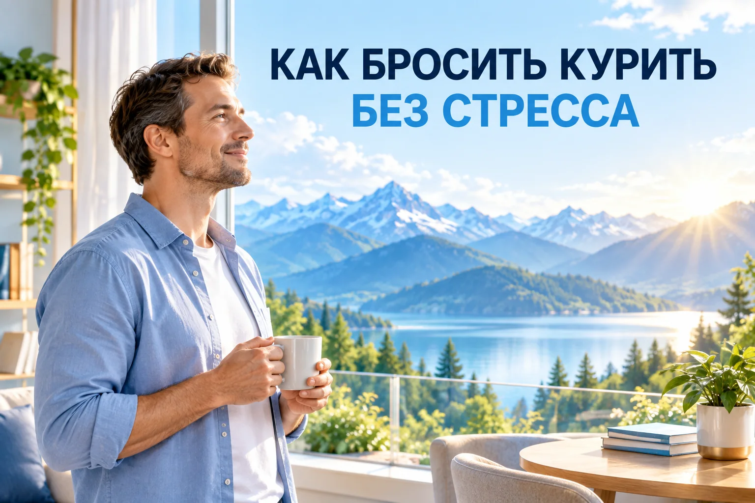 Как бросить курить без стресса: спокойный мужчина у окна утром, без сигарет