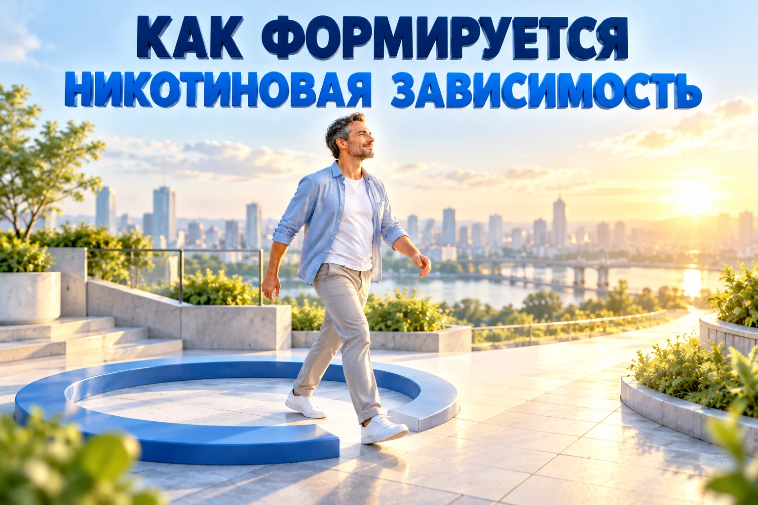 Как формируется никотиновая зависимость: мужчина выходит из синего кольца на прямую дорожку, за ним город в утреннем свете