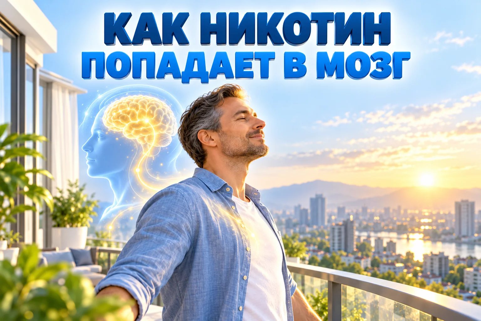 Как никотин попадает в мозг: мужчина на балконе вдыхает утренний воздух, рядом светящийся силуэт мозга