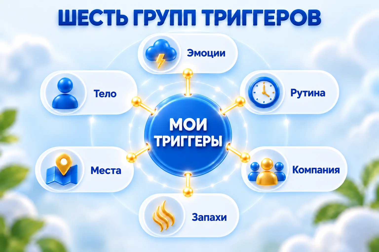 Карта групп триггеров курения: эмоциональные, рутинные, социальные, сенсорные, контекстные, телесные