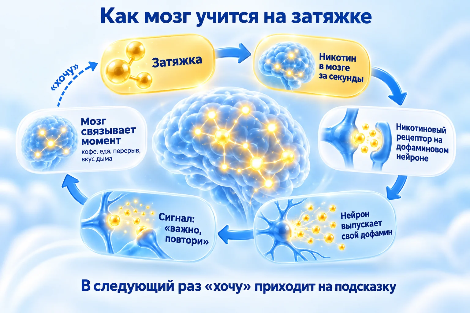 Схема: как никотин и дофамин учат мозг повторять затяжку, петля подкрепления