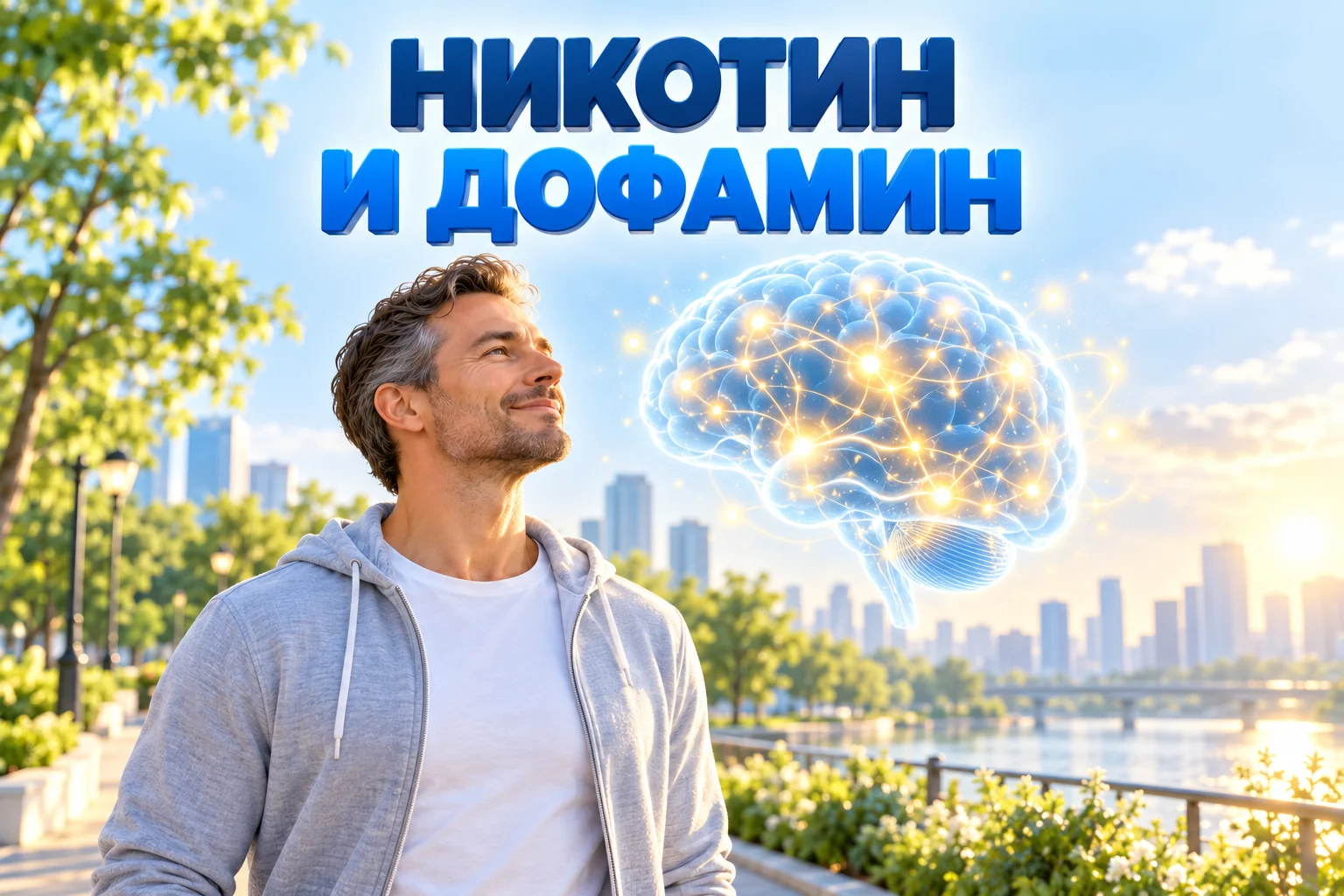 Никотин и дофамин: мужчина в утреннем парке, над ним светящийся мозг с золотыми искрами