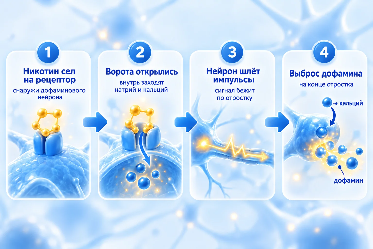 Схема из четырёх шагов: никотин сел на рецептор дофаминового нейрона, ворота открылись, нейрон посылает импульсы, на конце отростка заходит кальций и выходит дофамин