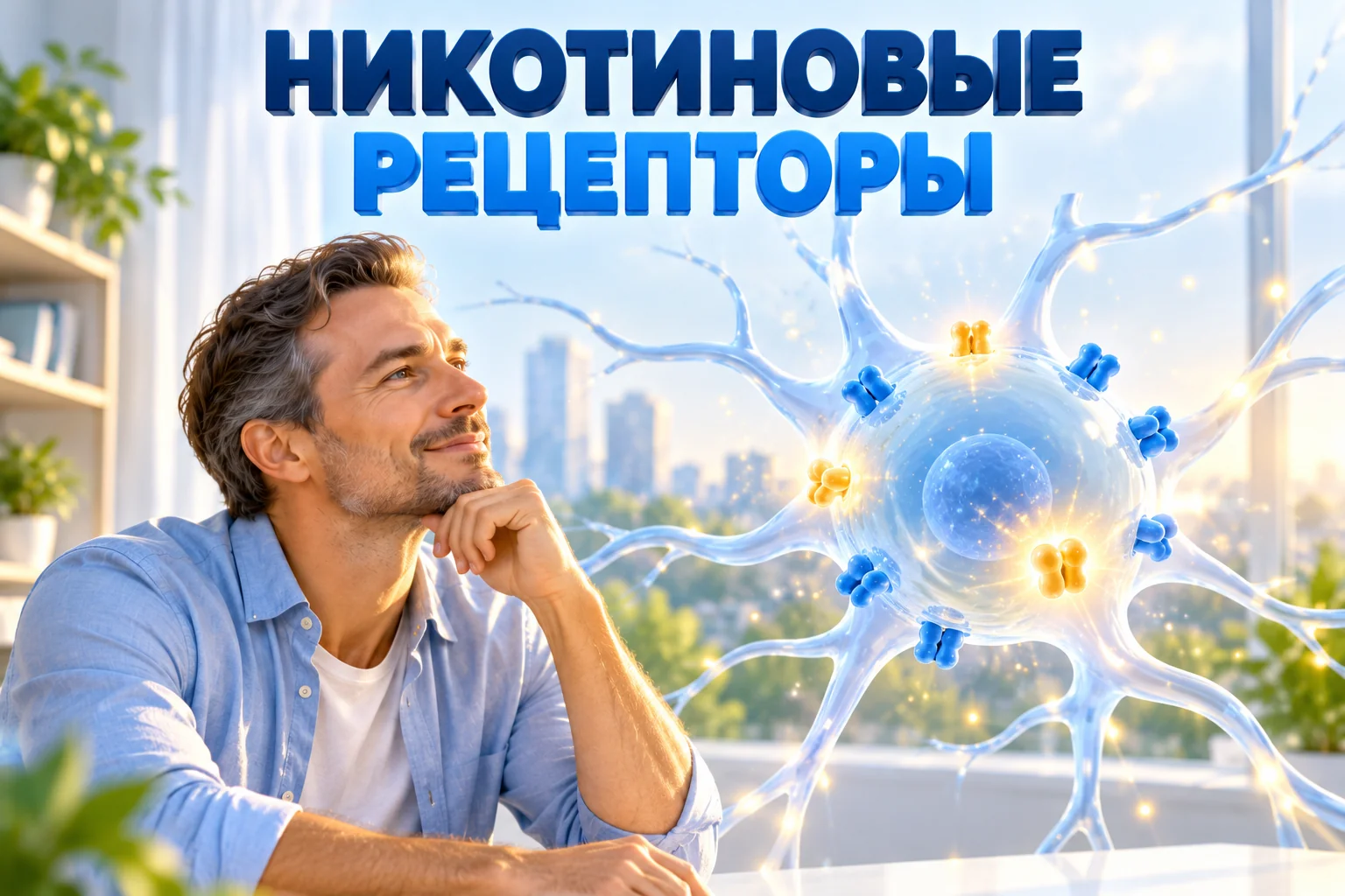 Никотиновые рецепторы: мужчина рассматривает объёмную модель нейрона с рецепторами на поверхности