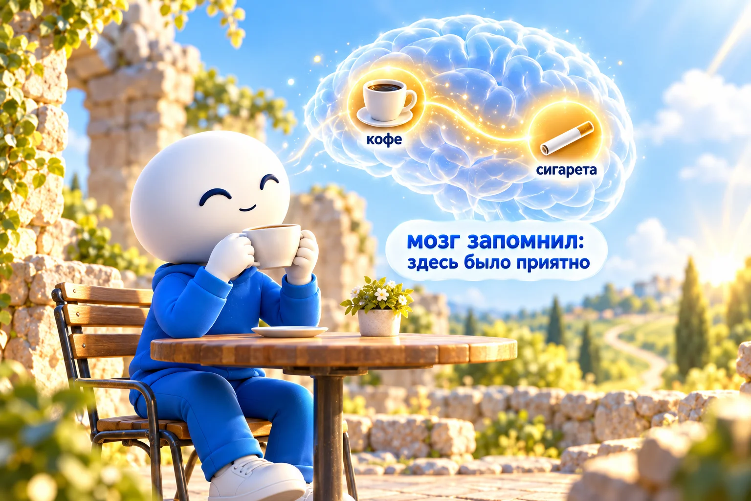 Как мозг запоминает сигарету: человек пьёт кофе, а в голове светится связь между чашкой кофе и сигаретой