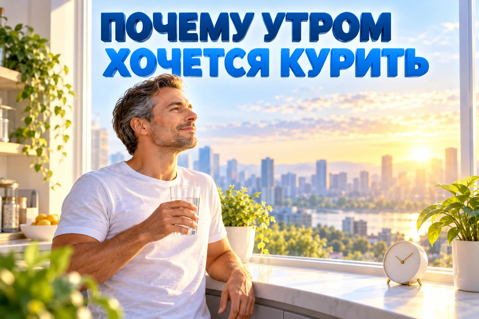 Почему утром хочется курить: мужчина утром у окна со стаканом воды, за окном рассвет над городом