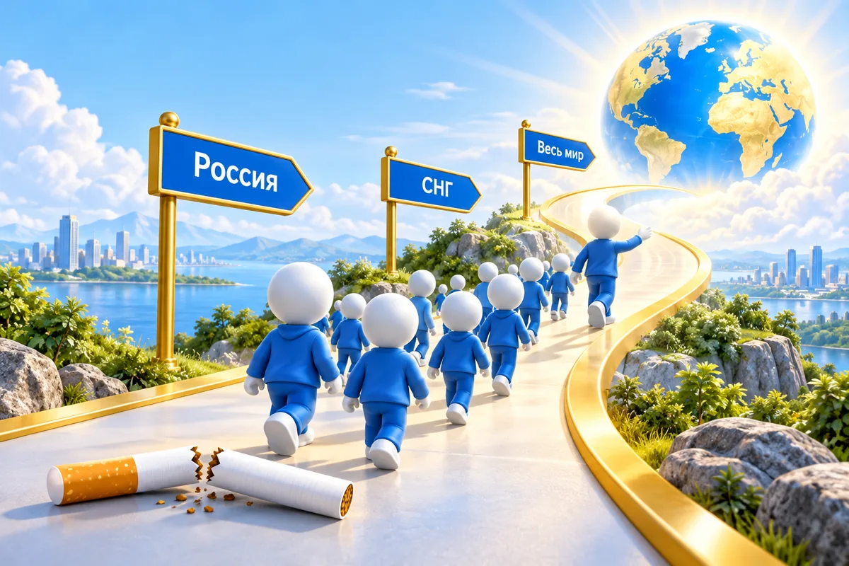 Люди идут по дороге с указателями Россия, СНГ, Весь мир к сияющему глобусу