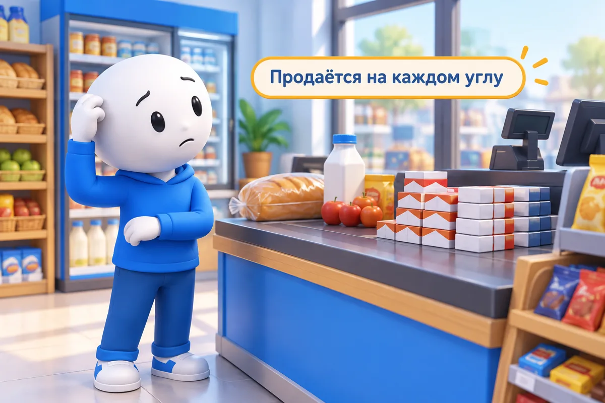 Пачки сигарет лежат на кассе магазина рядом с хлебом и молоком