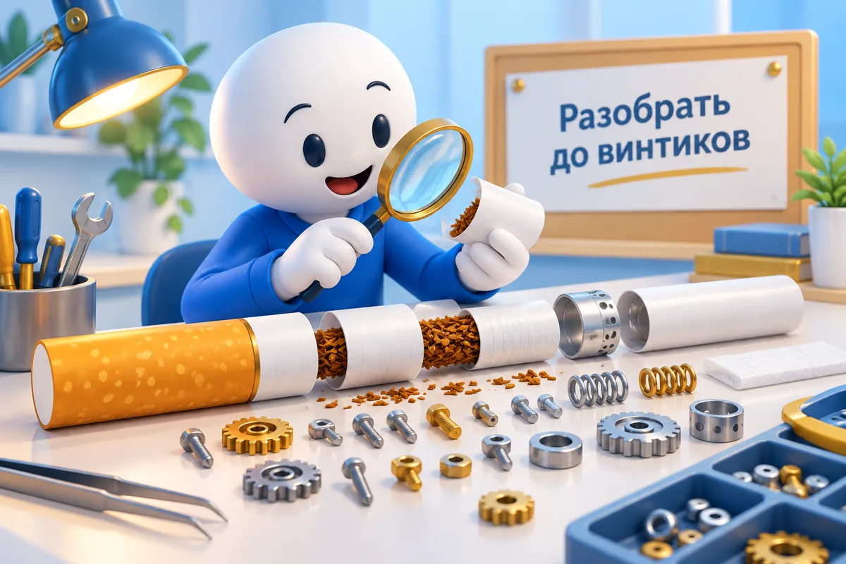 Человечек с лупой разбирает сигарету на винтики и шестерёнки