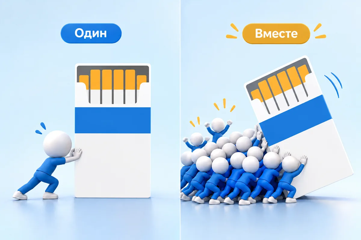 Один человечек не может сдвинуть огромную пачку сигарет, а вместе люди её опрокидывают