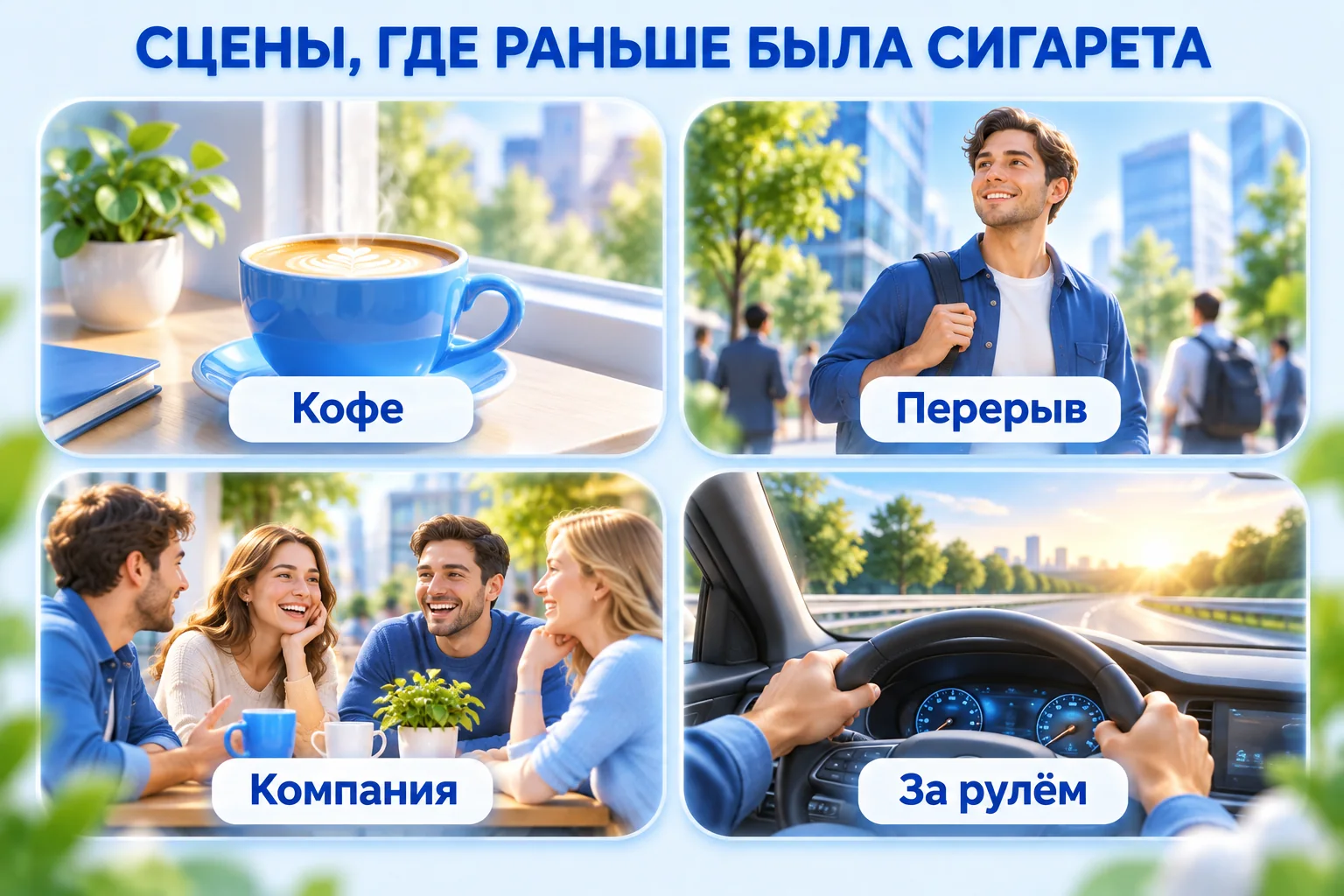 Сцены первой недели без сигарет: кофе, перерыв, компания, за рулём
