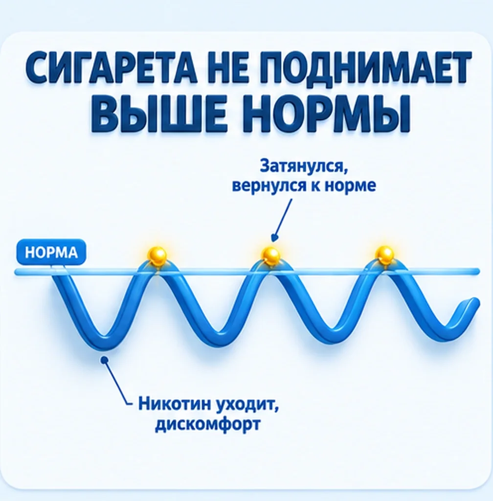 Сигарета снимает стресс: схема возврата к норме из минуса, а не подъёма выше нормы
