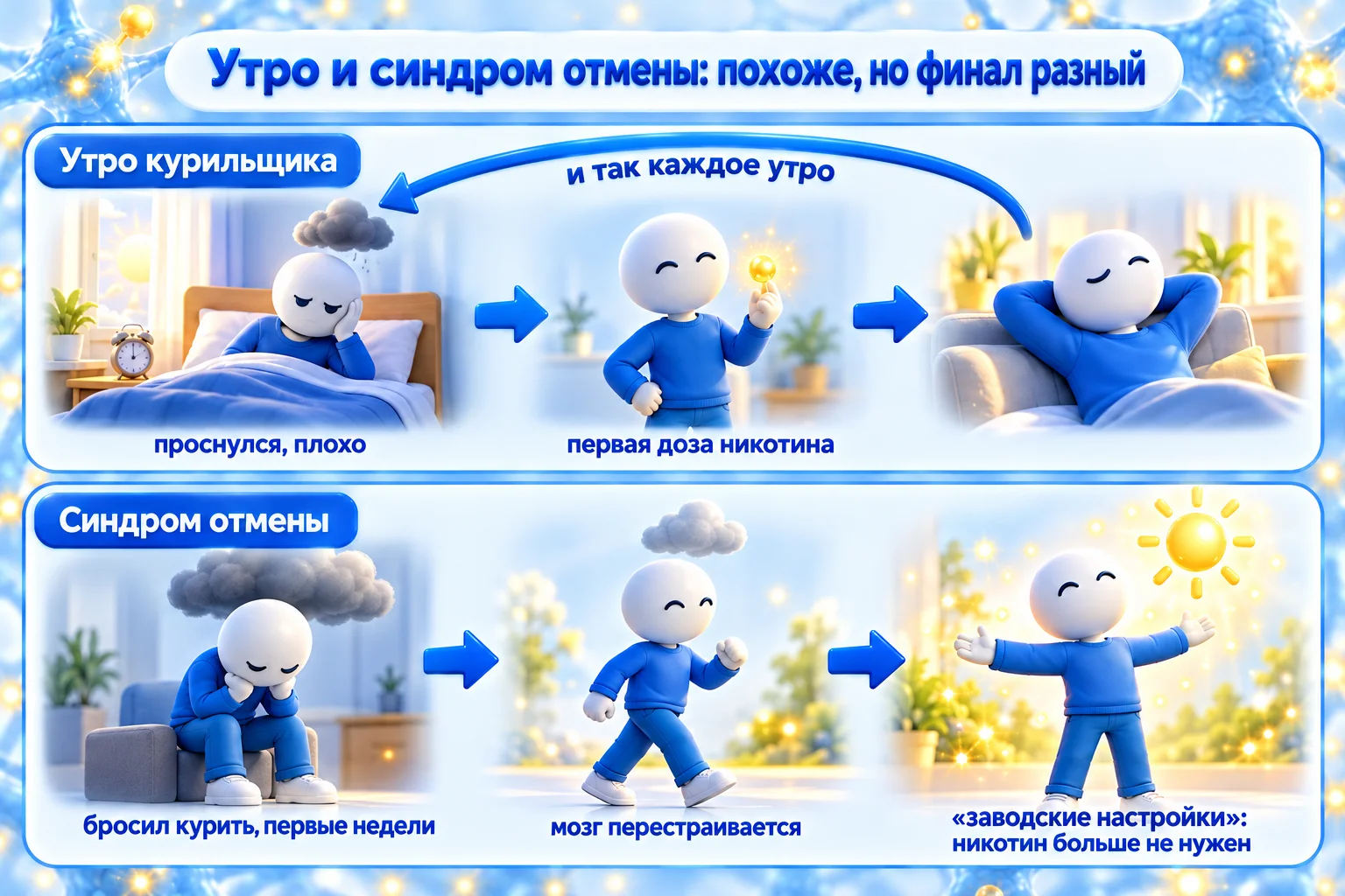 Утро и синдром отмены: утро курильщика повторяется каждый день, а синдром отмены проходит один раз, и в конце никотин больше не нужен