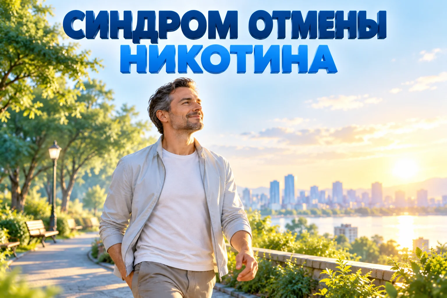 Синдром отмены никотина: мужчина идёт по дорожке из тени к солнцу, за ним город в утреннем свете