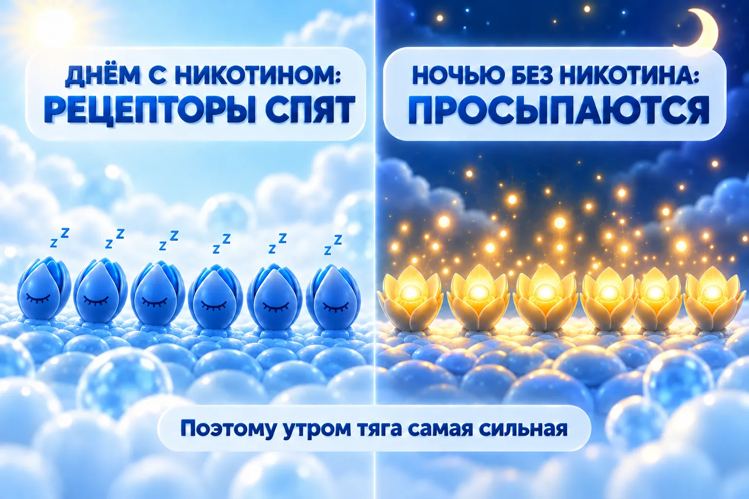 Днём с никотином рецепторы спят, ночью без никотина просыпаются