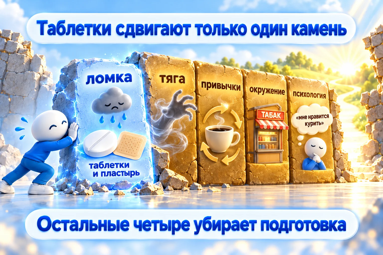 Пять вещей, которые мешают бросить курить: ломка, тяга, привычки, окружение, психология; таблетки и пластыри помогают только с ломкой