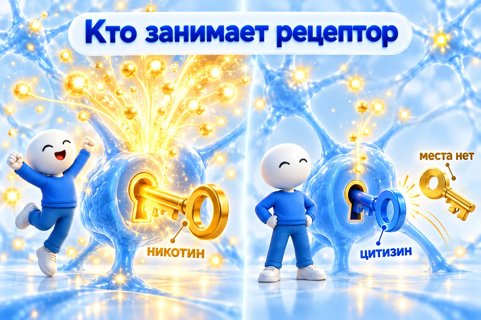 Как табекс действует на никотиновый рецептор: никотин открывает его сильно, цитизин слабо и занимает место, никотину сесть некуда