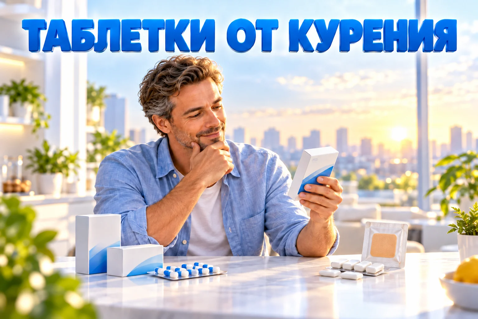 Таблетки от курения: мужчина спокойно разбирается в аптечных средствах, таблетках и пластыре