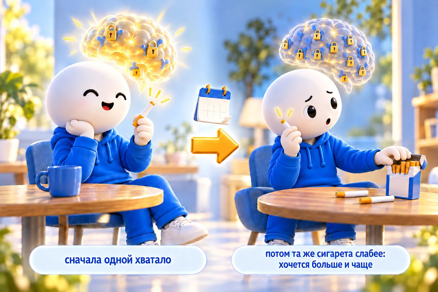 Почему для того же эффекта нужно больше никотина: сначала одна сигарета давала яркий отклик в мозге, потом рецепторов стало больше и та же сигарета действует слабее