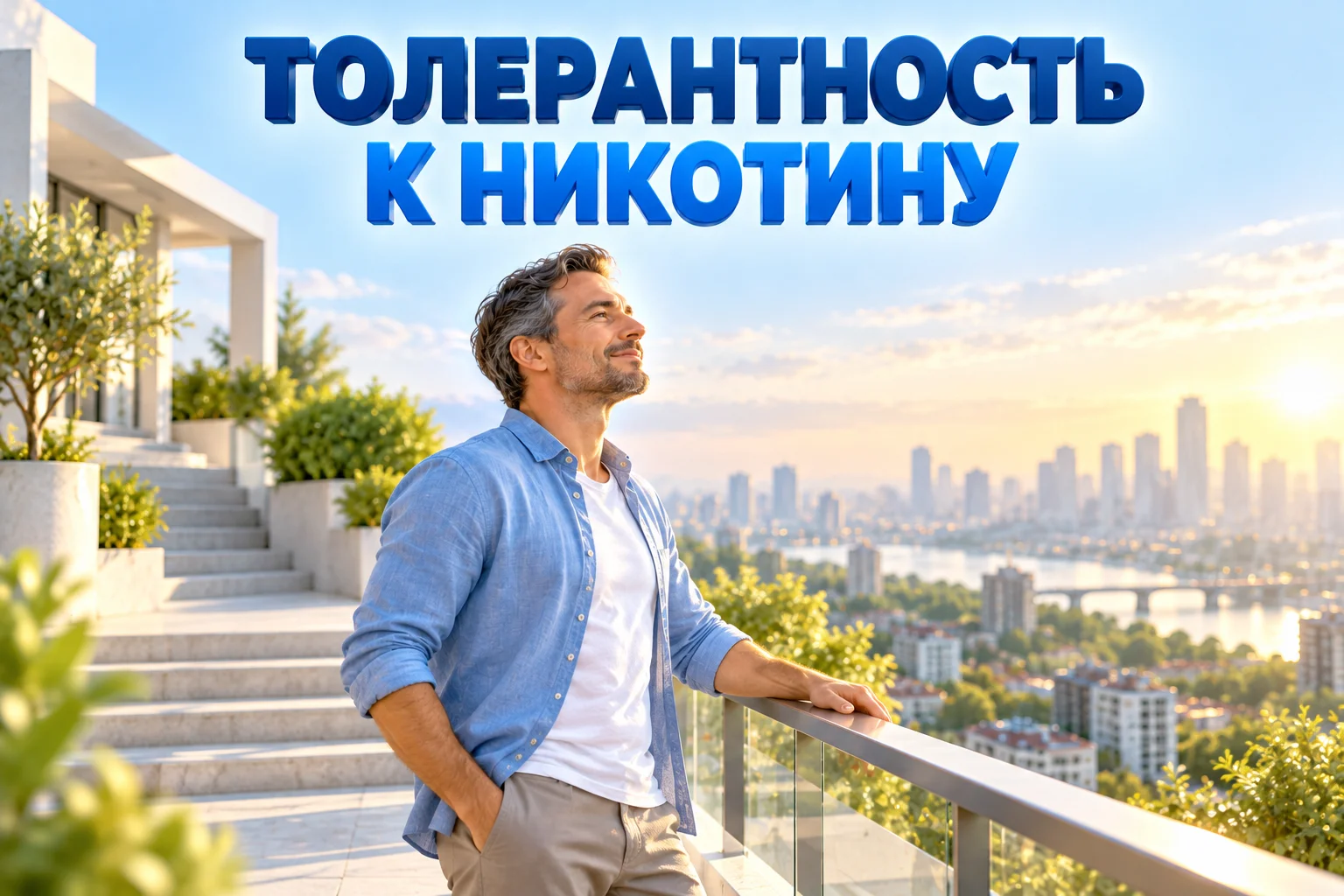 Толерантность к никотину: мужчина на балконе-площадке, за ним город в утреннем свете