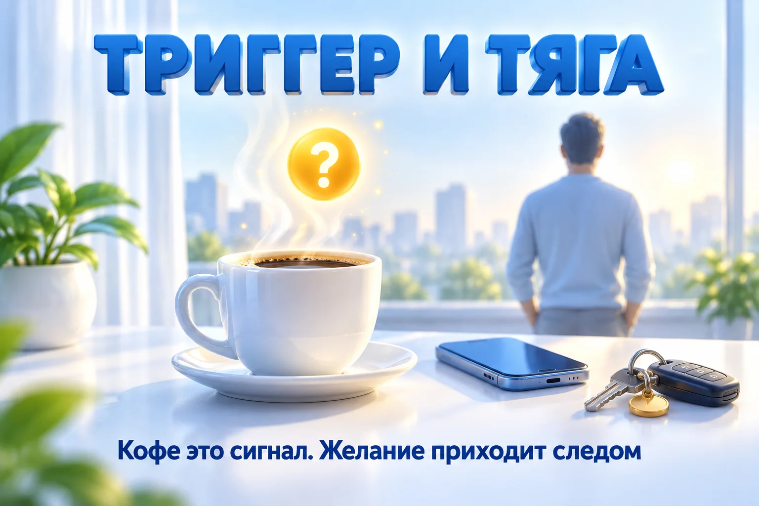 Триггеры и тяга к сигаретам: чашка кофе на столе и человек у окна без сигареты