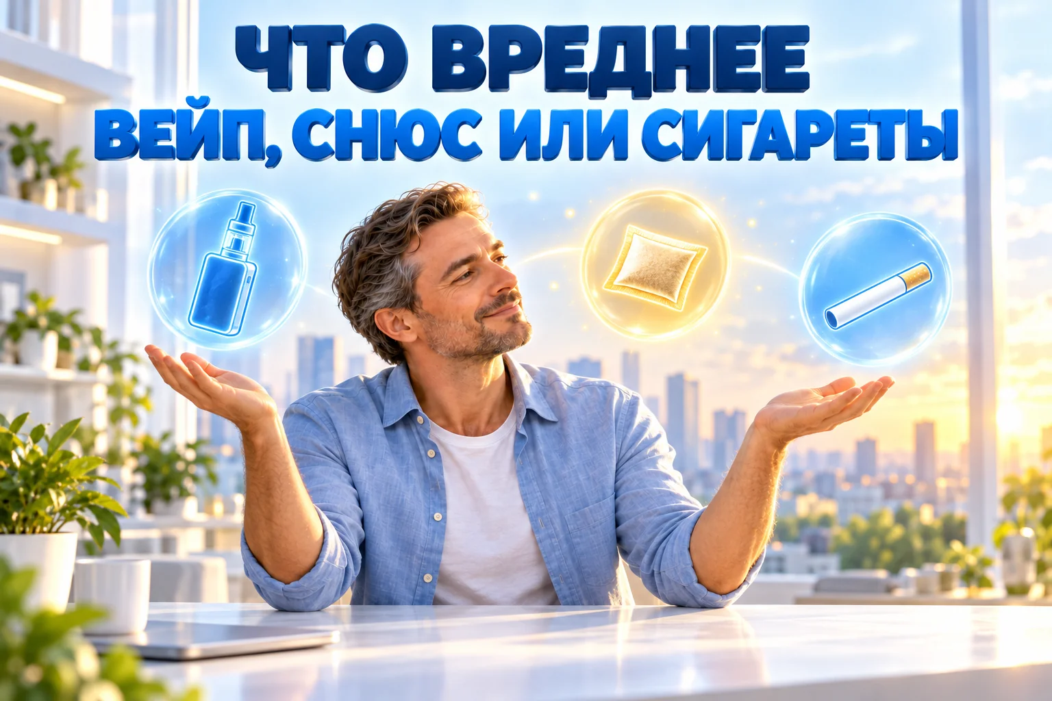 Что вреднее, вейп, снюс или сигареты: мужчина спокойно сравнивает вейп, пакетик и сигарету