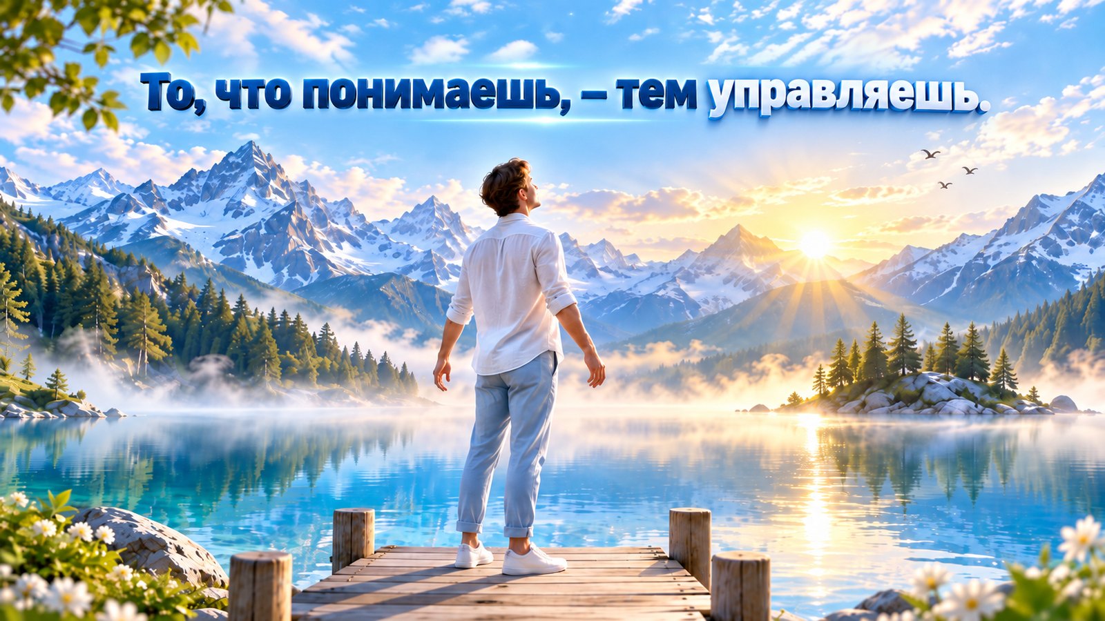 То, что понимаешь, тем управляешь: человек у горного озера на рассвете